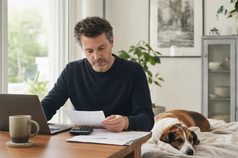 Ein Hundehalter sitzt mit einer Tierarztrechnung am Tisch, während ein entspannter Hamilton-Laufhund auf einer Decke neben ihm liegt.