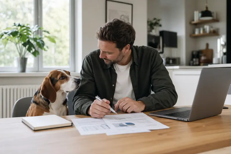 Ein Hamilton-Laufhund sitzt neben seinem Besitzer am Küchentisch, wo Versicherungsunterlagen und ein Laptop liegen.