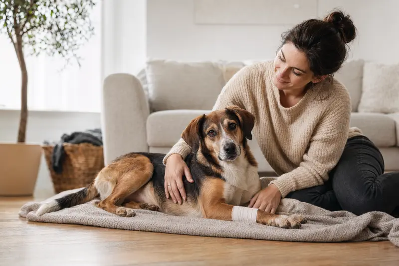 Der Hamilton-Laufhund mit leichtem Verband auf der Decke, neben seinem erleichterten Besitzer.