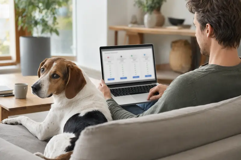 Ein Hundehalter sitzt mit seinem Hamilton-Laufhund auf dem Sofa und vergleicht Tierversicherungen auf dem Laptop.
