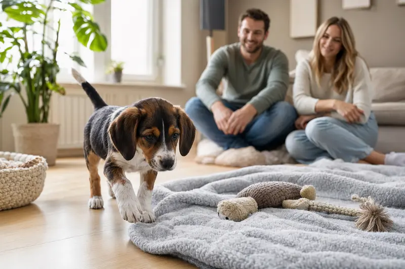 Ein junger Hamilton-Laufhund Welpe entdeckt neugierig sein neues Zuhause mit liebevoller Familie im Hintergrund.