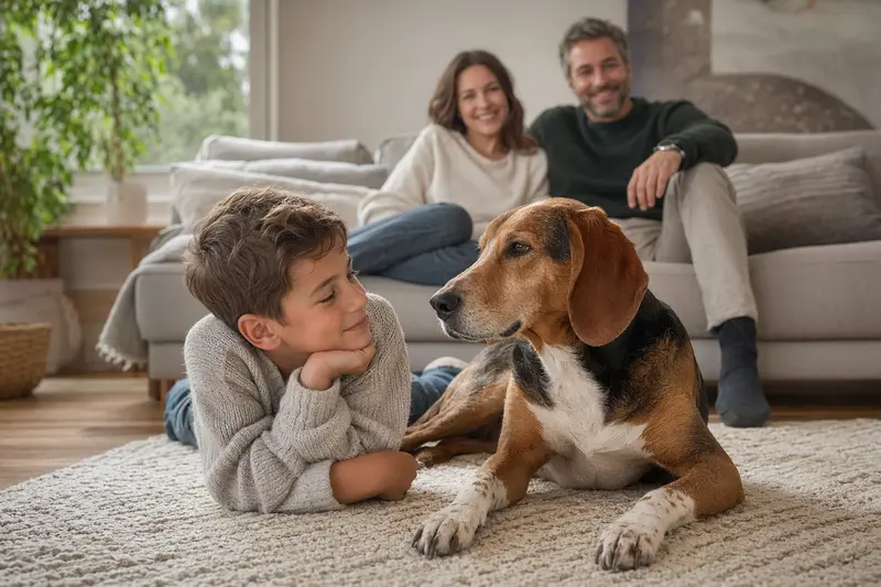 Ein freundlicher Hamiltonstövare Hund liegt entspannt neben einem Kind im hellen Wohnzimmer, während die Eltern im Hintergrund eine sichere Familienatmosphäre schaffen.