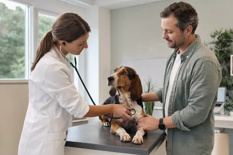 Ein Hamiltonstövare Hund wird behutsam von einer Tierärztin mit einem Stethoskop untersucht, während der Besitzer beruhigend daneben steht.