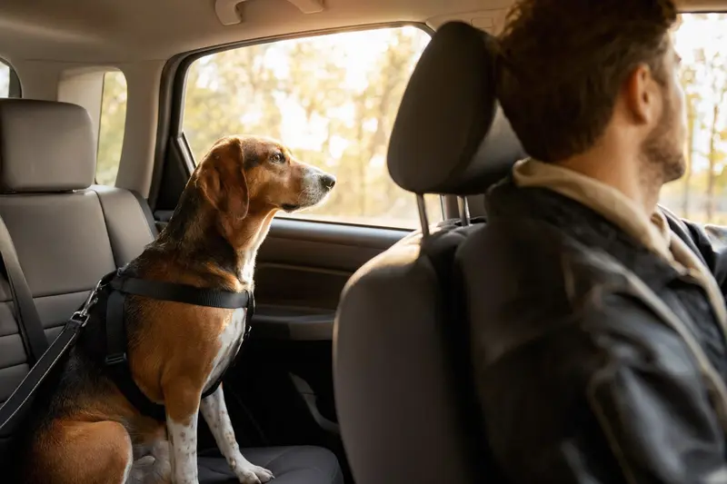 Ein Hamiltonstövare Hund sitzt sicher angeschnallt auf der Rückbank eines Autos und genießt die Fahrt.