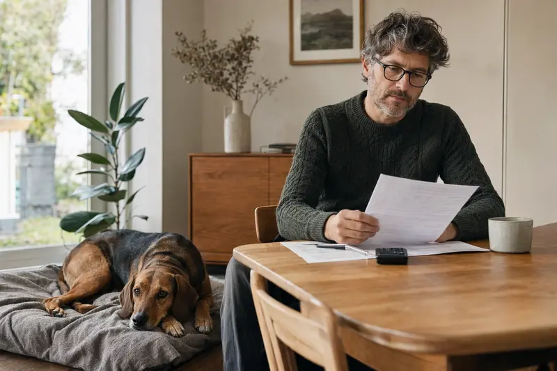 Ein Hundebesitzer sitzt mit einer Tierarztrechnung am Tisch, während sein entspannter Hamiltonstövare auf einer Decke in der hellen Wohnung liegt.