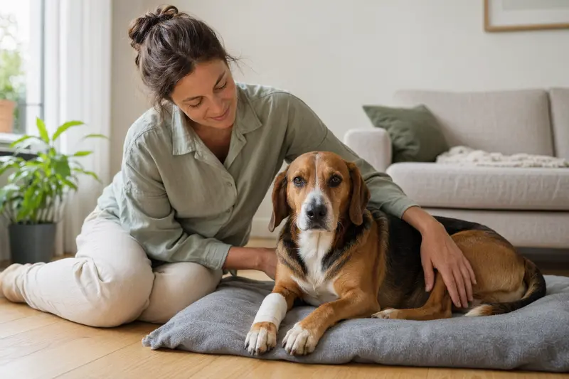 Ein Hamiltonstövare Hund mit einem leichten Verband an der Pfote liegt entspannt neben seinem erleichterten Besitzer auf einer Decke in einer hellen Wohnung.