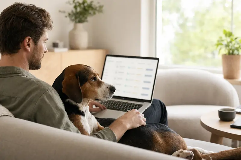 Hundebesitzer mit Laptop auf Sofa, entspannt beim Versicherungsvergleich neben einem Hamiltonstövare.