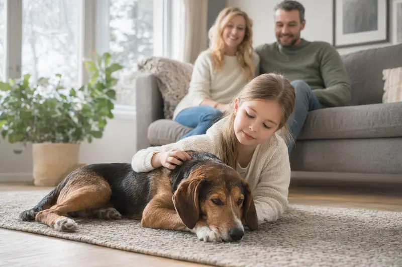 Ein freundlicher Hamiltonstövare liegt entspannt neben einem Kind im Wohnzimmer, während die Eltern im Hintergrund für eine helle und sichere Familienatmosphäre sorgen.