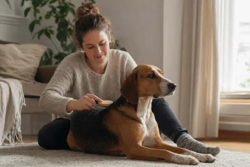 Ein Hamiltonstövare wird zuhause von seinem Besitzer sanft gebürstet, was liebevolle Fellpflege und verantwortungsbewusste Hundegesundheit zeigt.