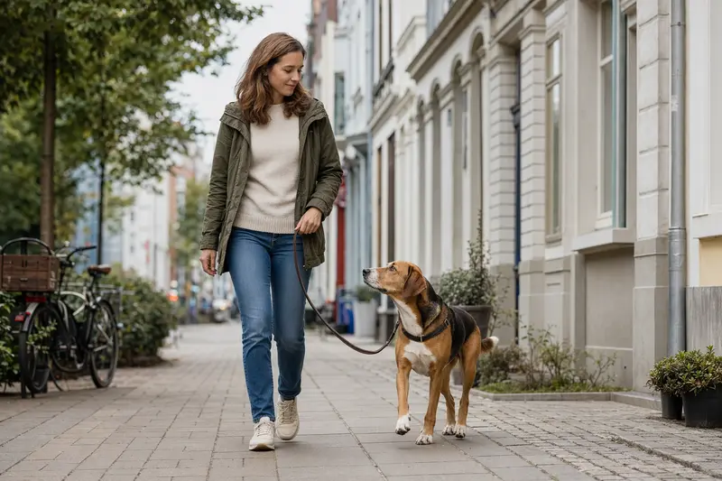Ein Hamiltonstövare läuft an der Leine mit seinem Besitzer durch eine moderne Stadtstraße im Alltag.