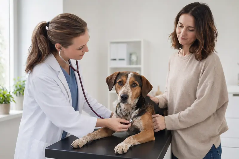 Ruhiger Hamiltonstövare Hund wird von einer freundlichen Tierärztin in einer modernen Praxis mit einem Stethoskop untersucht.