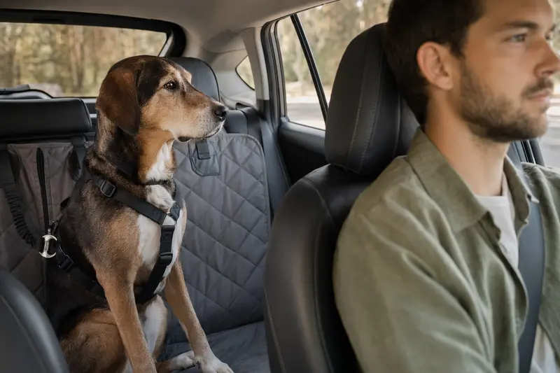 Ein Hamiltonstövare Hund sitzt sicher angeschnallt auf der Rückbank eines Autos, während sein Besitzer fährt.