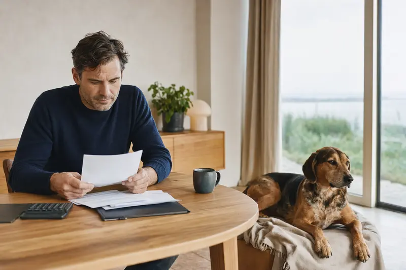 Ein Hundebesitzer sitzt mit einer Tierarztrechnung am Tisch, während ein entspannter Hamiltonstövare auf einer Decke in der hellen Wohnung liegt.