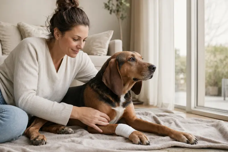 Ein Hamiltonstövare Hund mit Verband an der Pfote liegt ruhig auf einer Decke, während sein Besitzer ihn beruhigend anblickt.