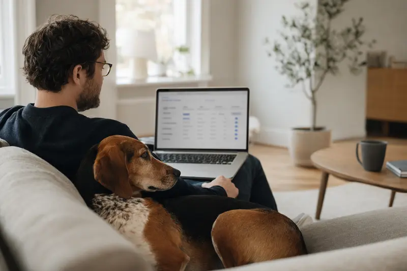 Ein Hundebesitzer arbeitet am Laptop auf dem Sofa, während sein Hamiltonstövare Hund neben ihm sitzt.