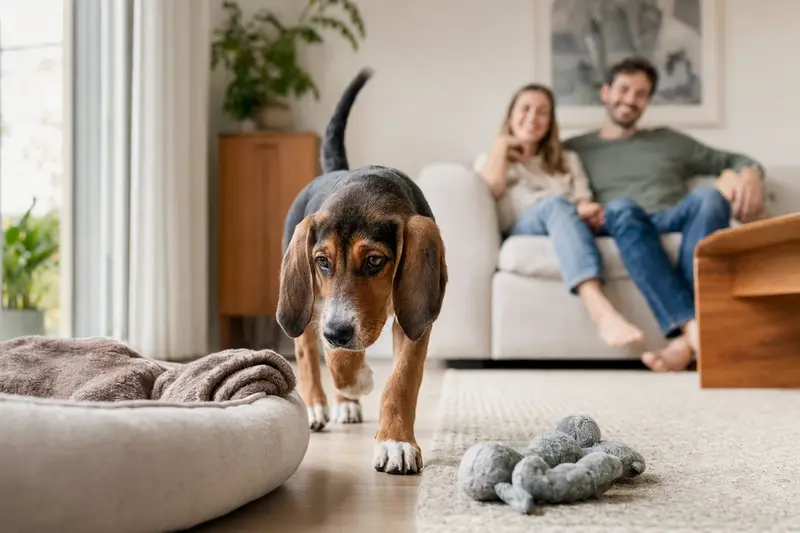 Ein neugieriger Hamiltonstövare Welpe erkundet liebevoll sein neues Zuhause mit weicher Decke und Spielzeug.