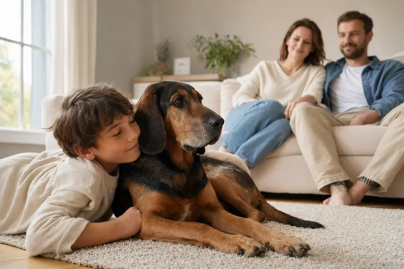 Ein Hannoverscher Schweißhund liegt entspannt neben einem Kind im hellen Wohnzimmer und vermittelt eine vertrauensvolle Familienatmosphäre.