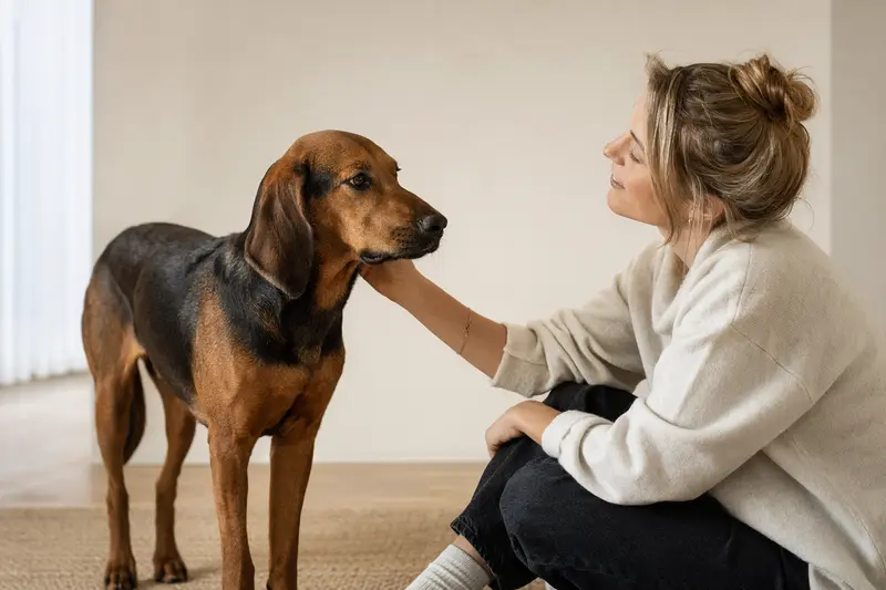 Aufmerksamer Hannoverscher Schweißhund in natürlicher Haltung vor hellem Hintergrund, als realistisches Hundeportrait mit typischer Fellstruktur.