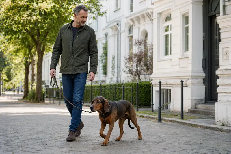 Ein Hannoverscher Schweißhund läuft an der Leine mit seinem Besitzer durch eine helle moderne Stadtstraße.