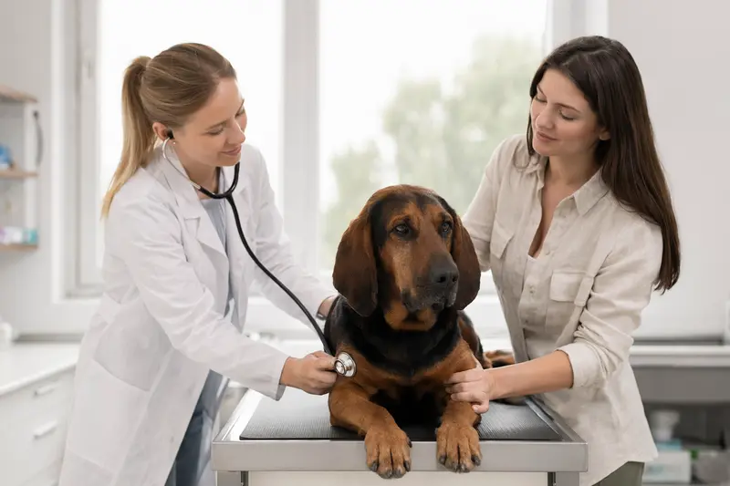 Ein ruhiger Hannoverscher Schweißhund wird von einer freundlichen Tierärztin in einer modernen Tierarztpraxis mit Stethoskop untersucht, während der Besitzer beruhigend daneben steht.