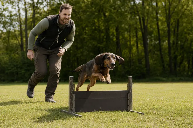 Ein Hannoverscher Schweißhund springt mit seinem Besitzer über eine kleine Trainingshürde auf dem Hundeplatz.