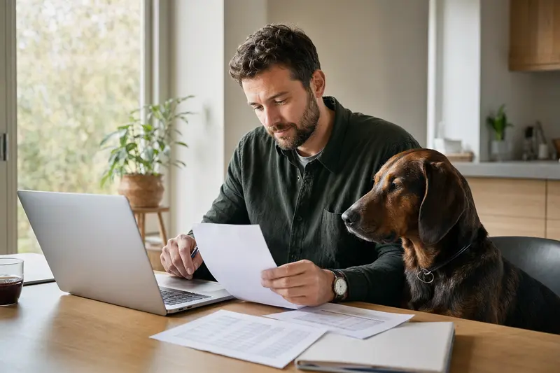 Ein ruhiger Hannoverscher Schweißhund sitzt neben seinem Besitzer am Küchentisch, während Versicherungsunterlagen und ein Laptop auf dem Tisch liegen.