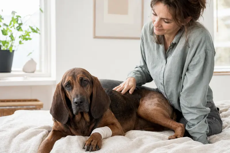 Ein entspannter Hannoverscher Schweißhund mit einem leichten Verband an der Pfote liegt neben seinem erleichterten Besitzer in einer hellen Wohnung.