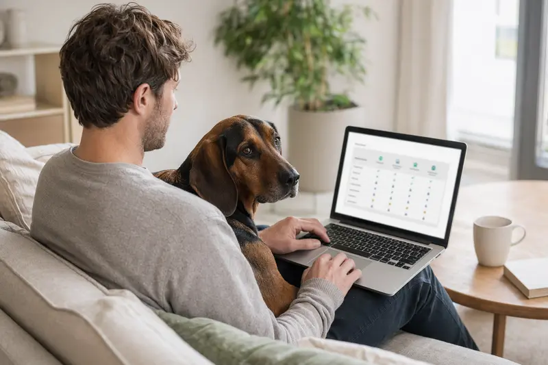 Ein Hundebesitzer nutzt seinen Laptop im Wohnzimmer, während ein Hannoverscher Schweißhund entspannt neben ihm sitzt.