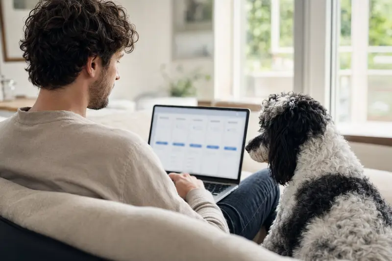 Ein Hund, ein Harlekin-Pudel, sitzt entspannt neben einem Besitzer, der auf seinem Laptop auf dem Sofa nach einem Tierversicherungsvergleich sucht.