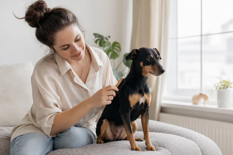 Ein Harlekinpinscher wird in einer hellen Wohnung liebevoll von seinem Besitzer gebürstet.