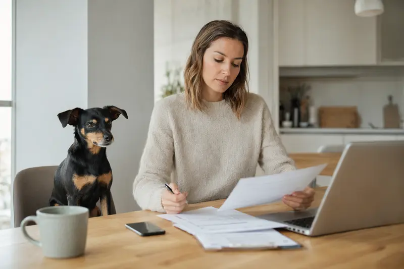 Ein Harlekinpinscher Hund sitzt entspannt neben seinem Besitzer am Küchentisch, auf dem Versicherungsunterlagen und ein Laptop liegen.
