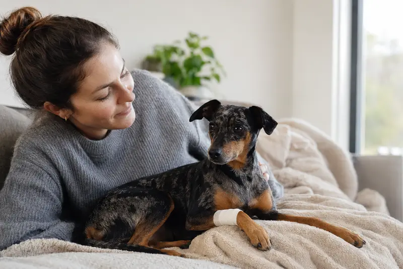Ein Harlekinpinscher mit einem leichten Verband an der Pfote liegt entspannt auf einer Decke, während sein Besitzer neben ihm sitzt und sich erleichtert zeigt.