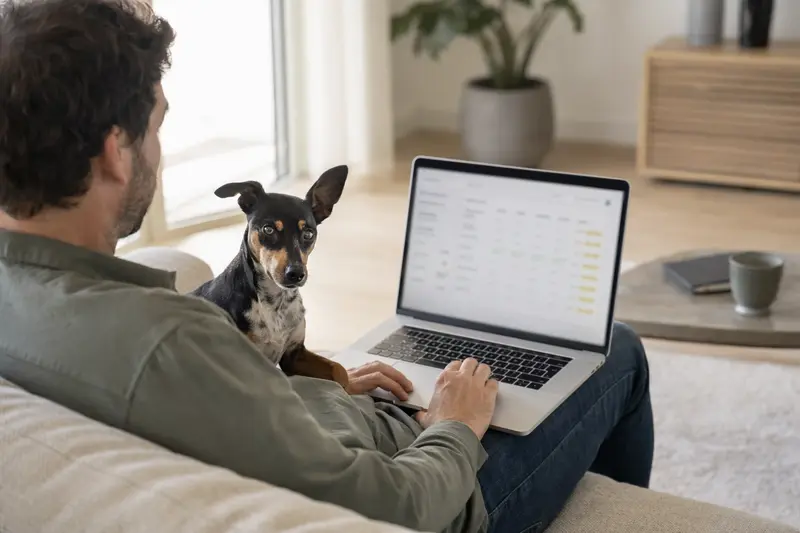 Ein Hundebesitzer arbeitet am Laptop auf dem Sofa, während sein Harlekinpinscher aufmerksam daneben sitzt.