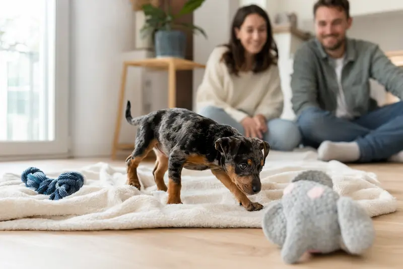 Ein junger Harlekinpinscher Welpe erkundet neugierig sein neues Zuhause mit einer weichen Decke und Spielzeug.