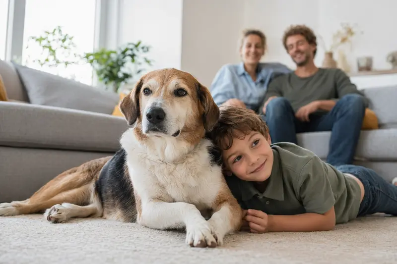 Ein freundlicher Harrier Hund liegt entspannt neben einem Kind im hellen Wohnzimmer, während die Eltern im Hintergrund für eine sichere Familienatmosphäre sorgen.