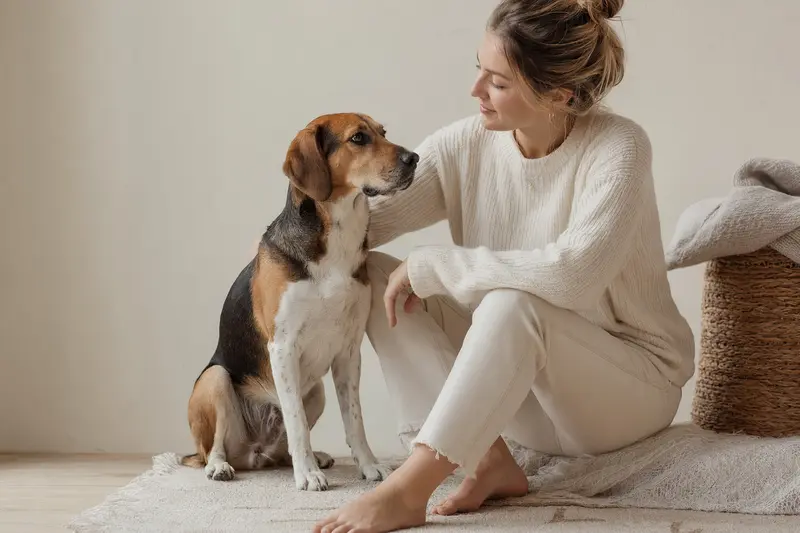Ein aufmerksam stehender Harrier Hund vor hellem neutralem Hintergrund in realistischer Tierporträt-Optik.