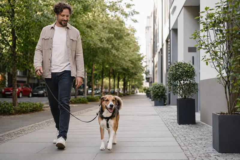 Ein Harrier Hund läuft an der Leine mit seinem Besitzer durch eine moderne Stadtstraße in entspannter Alltagssituation.