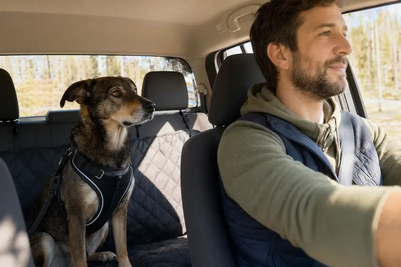 Ein sicher angeschnallter Harrier Hund auf der Rückbank eines Autos, während sein Besitzer entspannt fährt.
