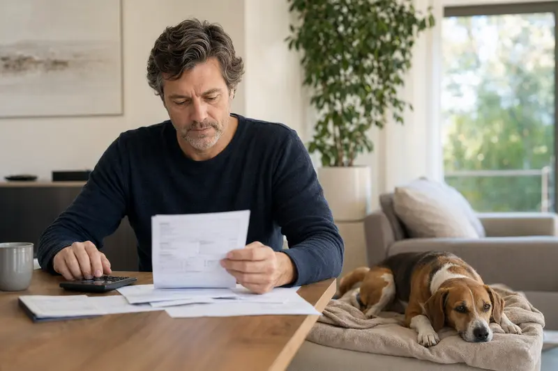 Ein Hundebesitzer sitzt mit einer Tierarztrechnung am Tisch, während ein Harrier ruhig auf einer Decke liegt und das Thema Tierarztkosten und Hundekrankenversicherung veranschaulicht.