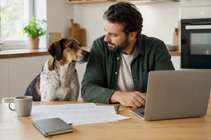 Ein Harrier Hund sitzt ruhig neben seinem Besitzer am Küchentisch, auf dem Versicherungsunterlagen und ein Laptop liegen.