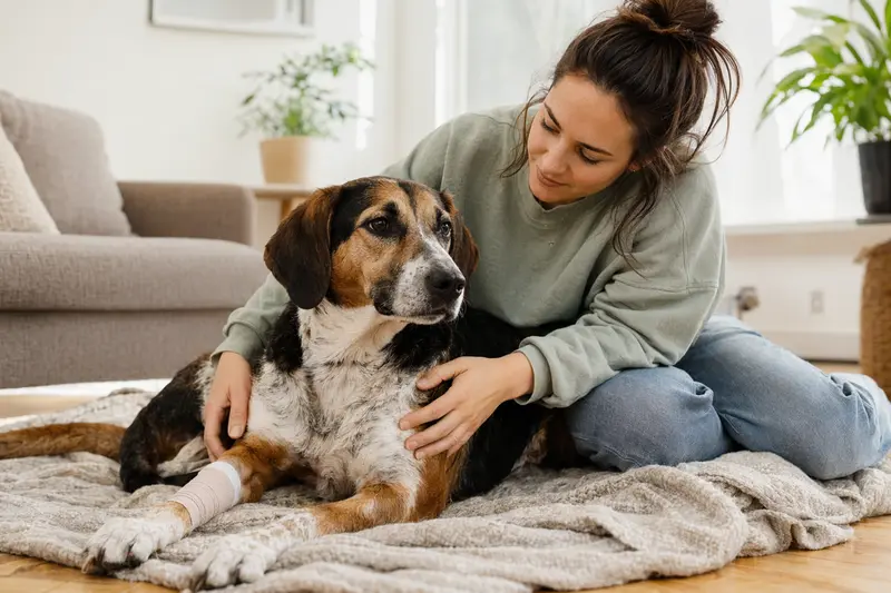 Ein entspannter Harrier Hund liegt auf einer Decke, während sein Besitzer besorgt und gleichzeitig erleichtert an seiner Seite sitzt.