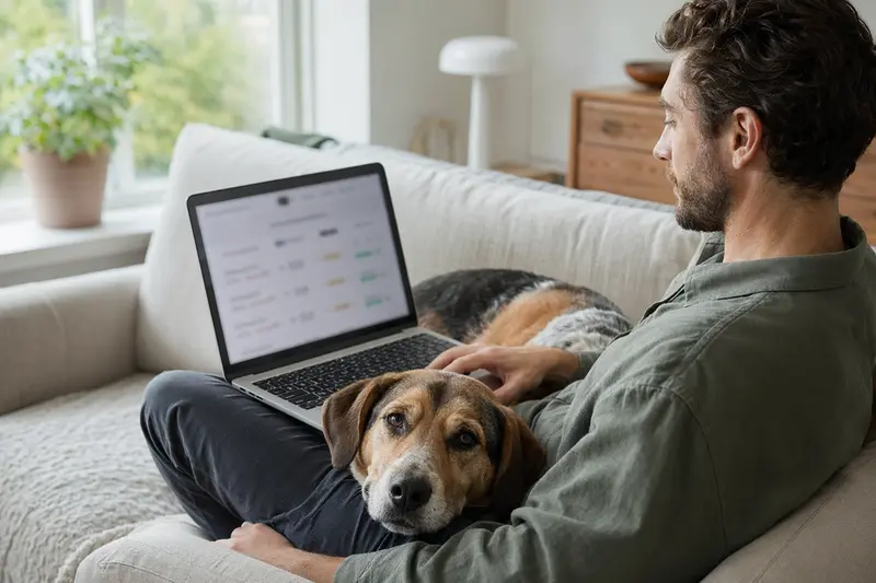Ein Hundebesitzer arbeitet am Laptop auf dem Sofa, während sein Harrier Hund neben ihm sitzt, was Sicherheit und informierte Entscheidungen zur Tierkrankenversicherung symbolisiert.