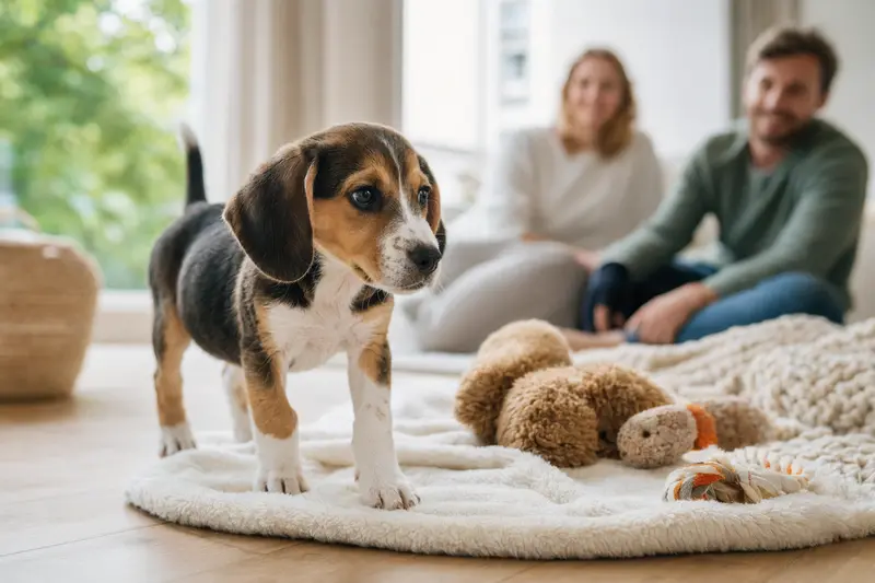 Ein junger Harrier Welpe erkundet neugierig sein neues Zuhause mit Spielzeug und einer weichen Decke, während eine liebevolle Familie im Hintergrund zu sehen ist.