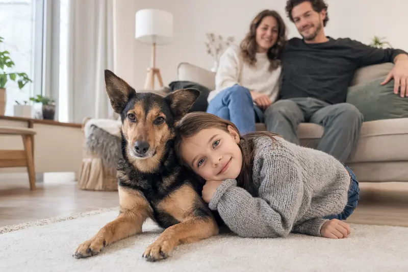 Ein Harzer-Fuchs-Hund liegt entspannt neben einem Kind im Wohnzimmer, während die Eltern im Hintergrund eine warme Familienatmosphäre schaffen.