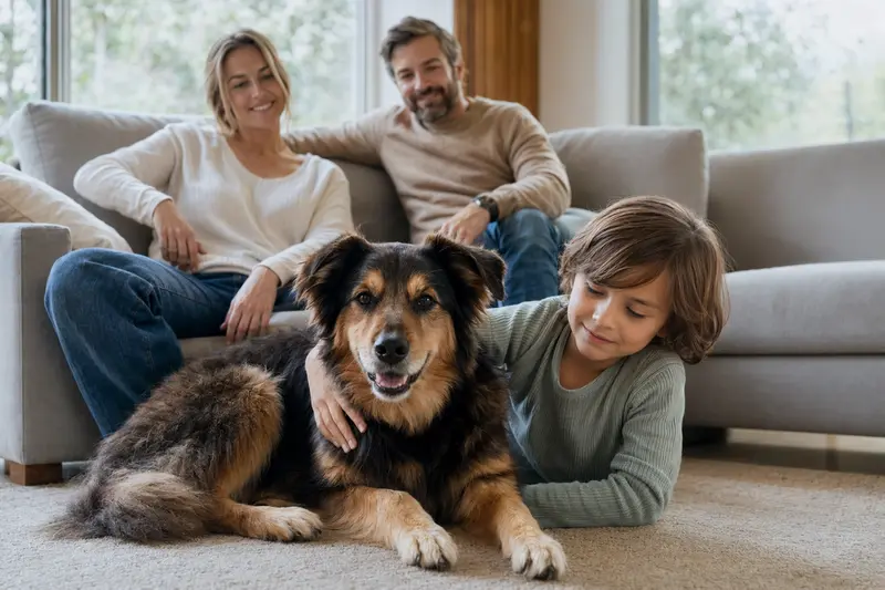Ein freundlicher Harzer Fuchs liegt entspannt neben einem Kind im hellen Wohnzimmer, während die Eltern im Hintergrund eine sichere Familienatmosphäre schaffen.