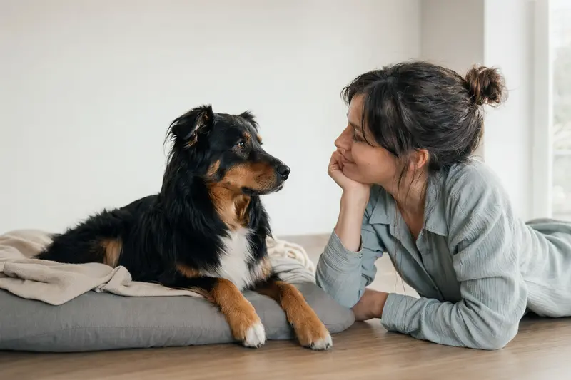 Aufmerksamer Harzer Fuchs (Altdeutscher Hütehund) in natürlicher Haltung vor hellem Hintergrund.