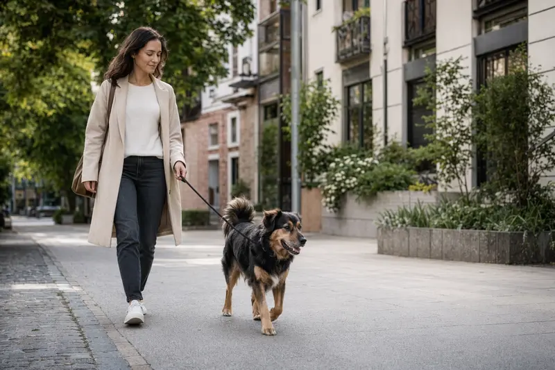 Ein Harzer Fuchs läuft an der Leine mit seinem Besitzer durch eine freundliche moderne Stadtstraße.