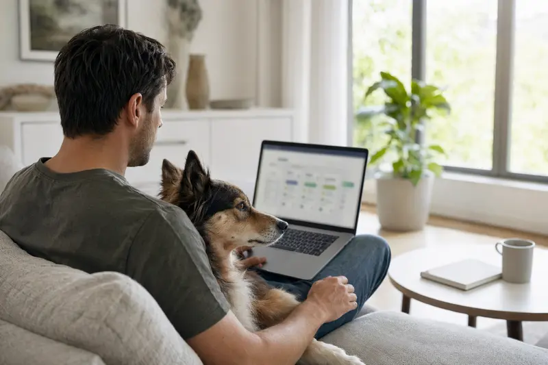 Ein Besitzer auf dem Sofa begleitet von einem Harzer Fuchs, während er online eine Versicherungsvergleichsseite für Haustiere betrachtet.