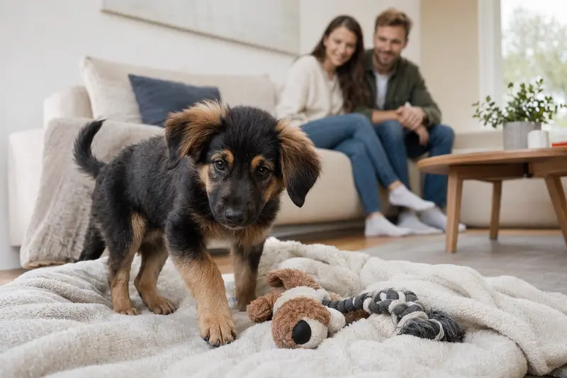Ein junger Harzer Fuchs Welpe erkundet neugierig sein neues Zuhause mit weicher Decke und Spielzeug in einer hellen Wohnung.