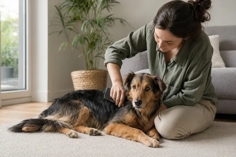 Ein Harzer Fuchs wird in einer hellen Wohnung liebevoll gebürstet und gepflegt, was verantwortungsvolle Fellpflege und Gesundheit zeigt.